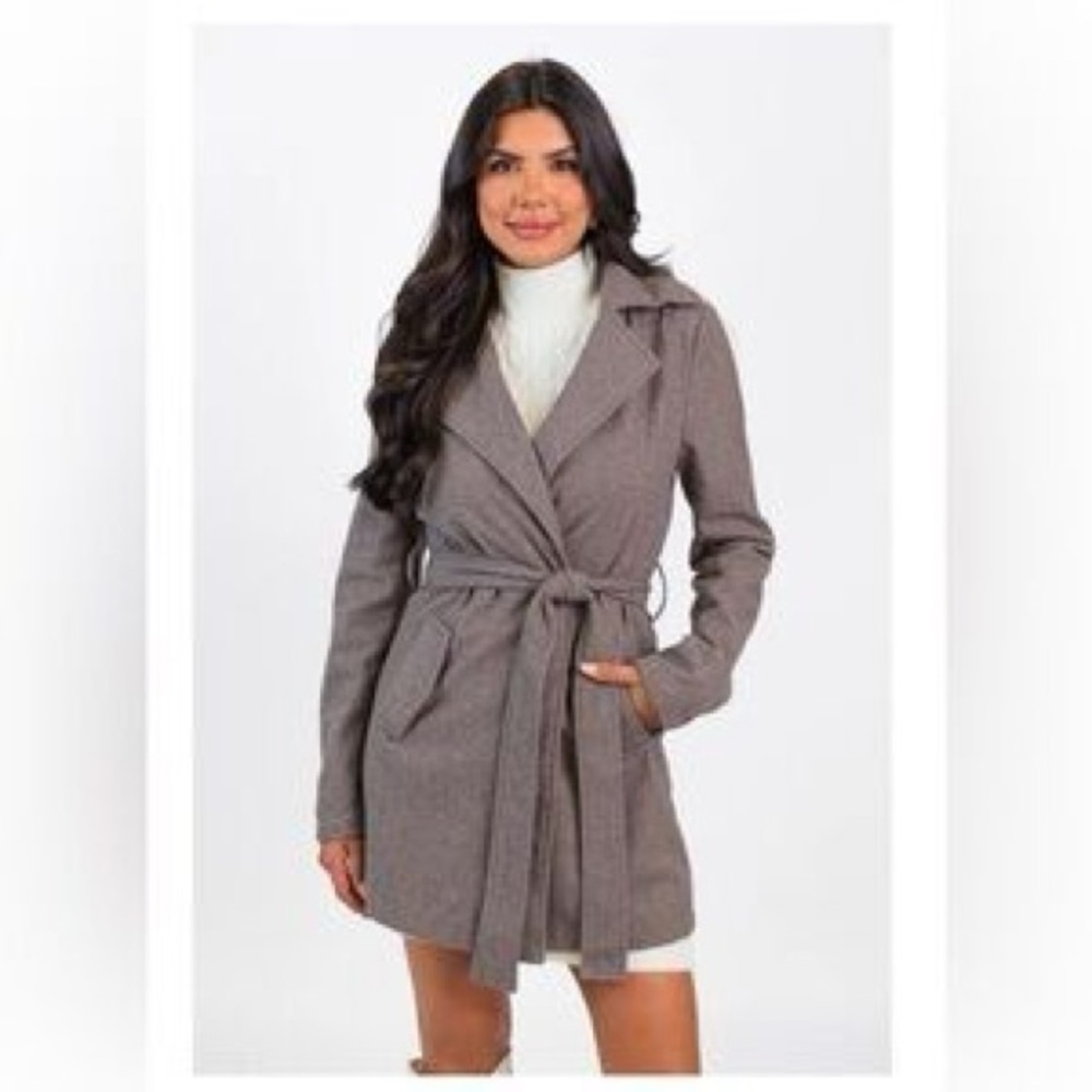 NWOTs. Pink Lily Gray Trench Coat with Belted Waist and Notched Lapel